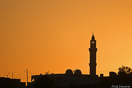Sunset Silhouette Gouvernement Tataouine, Ksar Oulad Soltane, TUN, Tunisia, evening light, minaret, mosque