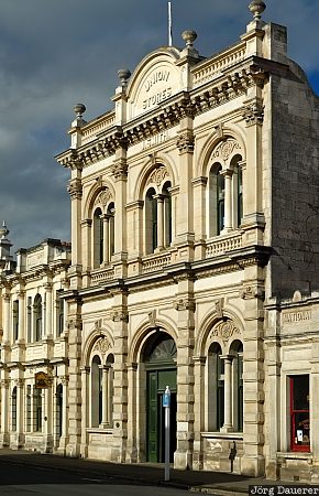 Oamaru Facade New Zealand, Oamaru, blue sky, clouds, door, facade, limestone, Otago, Neuseeland