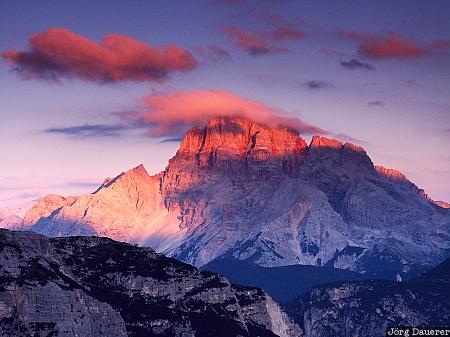 Dolomite Alps, mountains sunrise, alpenglow, Italy, Belluno, tre cime, Drei Zinnen, Italien, Italia
