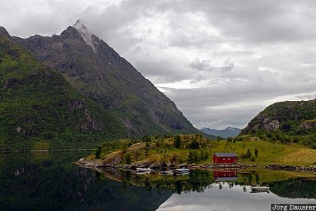 Austvågøy, boat, boats, Budalen, clouds, Fiskebøl, hut, Norway, Nordland, Norwegen, Norge