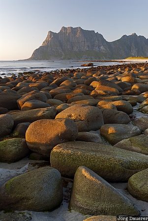 Uttakleiv Beach beach, boulder, coast, evening light, Lofoten, Lofoten archipelago, mountains, Norway, Nordland, Norwegen, Norge