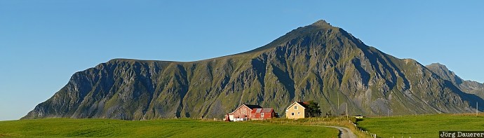 blue sky, Flakstad, Flakstadøya, Fredvang, green, houses, Lofoten, Norway, Norwegen, Norge