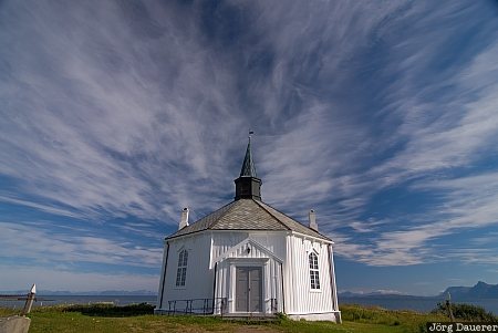 Andøya, blue sky, chapel, church, clouds, Dverberg, Nordland