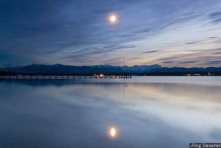 Moon over Starnberger See Bavaria, Bernried, Germany, Unterambach, bavarian alps, evening sky, lake, Seeshaupt, Deutschland, Bayern