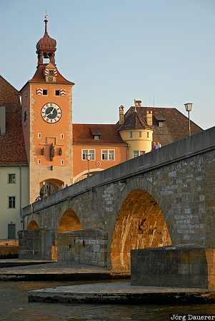 Stone Bridge Germany, Regensburg, Bavaria, blue sky, danube, evening light, Upper Palatinate, Deutschland, Bayern