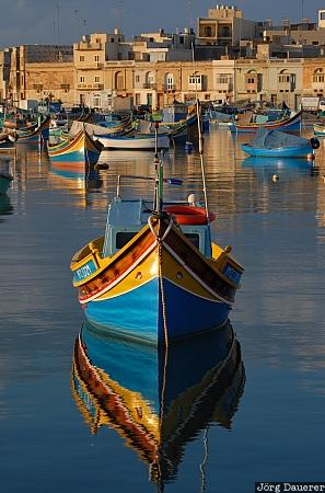 Luzzus Reflexion Malta, Marsaxlokk, blue sky, colorful, fishing boat, harbor, Luzzus