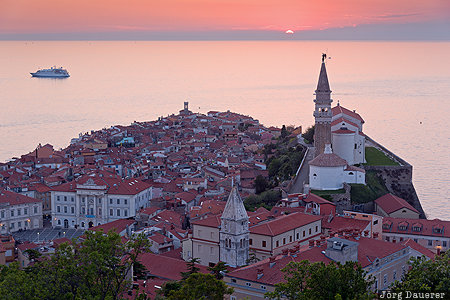 Piran, Church of Saint George, evening light, mediterranean Sea, roofs, Slovene Littoral, sunset, Slovenia