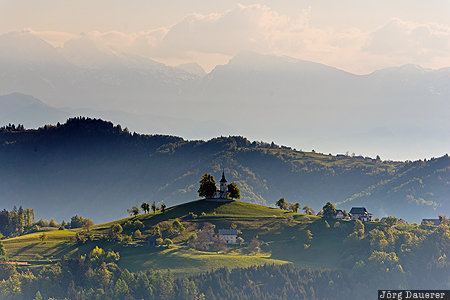 church, green, Julian Alps, meadow, morning light, Škofja Loka, St. Thomas, Slovenia, Upper Carniola, Spodnja Luša