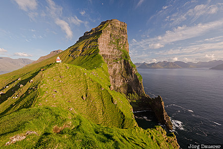Kallur Lighthouse Faroe Islands, FRO, Trøllanes, back-lit, blue sky, evening light, green, Kalsoy, Färöer-Inseln, Trollanes, Faeroeer-Inseln