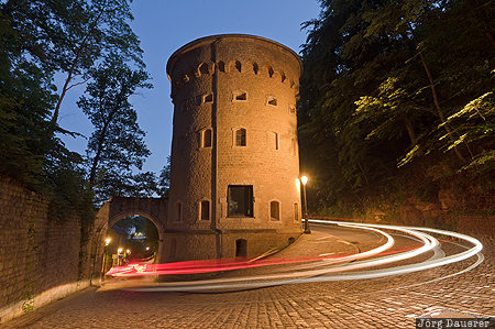 Clausen, LUX, Luxembourg, blue hour, evening light, light trails, Malakoff Tower, Luxembourg City