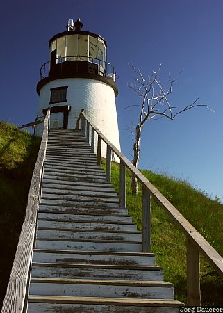 blue sky, lighthouse, United States, Maine, morning light, Owls Head, Owl's Head Light, USA, Vereinigte Staten, ME