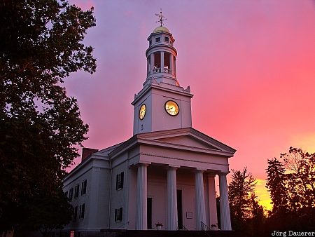 Concord Sunset United States, Massachusetts, Concord, church, clock, colorful sunset, columns, USA, Vereinigte Staten, MA
