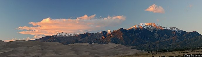 Sand Dunes sunset USA, Colorado, Great Sand Dunes National Park, sand dunes, sand, dunes, mountains, United States, Vereinigte Staten
