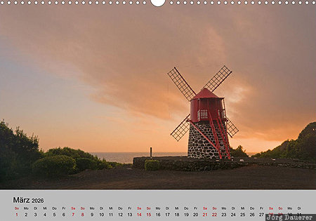 Ponta Rasa windmill, Pico, Azores, Azoren, Portugal, calendar, March