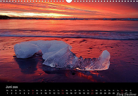 Ice, Jökulsárlón glacial lake, sunrise, Austurland, Iceland, calendar, June