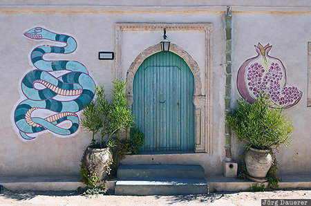 Djerbahood Erriadh, Gouvernorat Medenine, Djerba, TUN, Tunisia, alley, blue